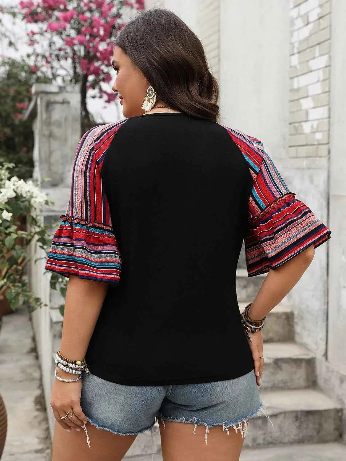 Plus Size V-Neck Flounce Sleeve Top