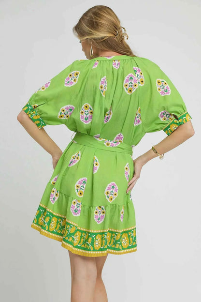Umgee Floral Print Tie Waist Short Sleeve Dress