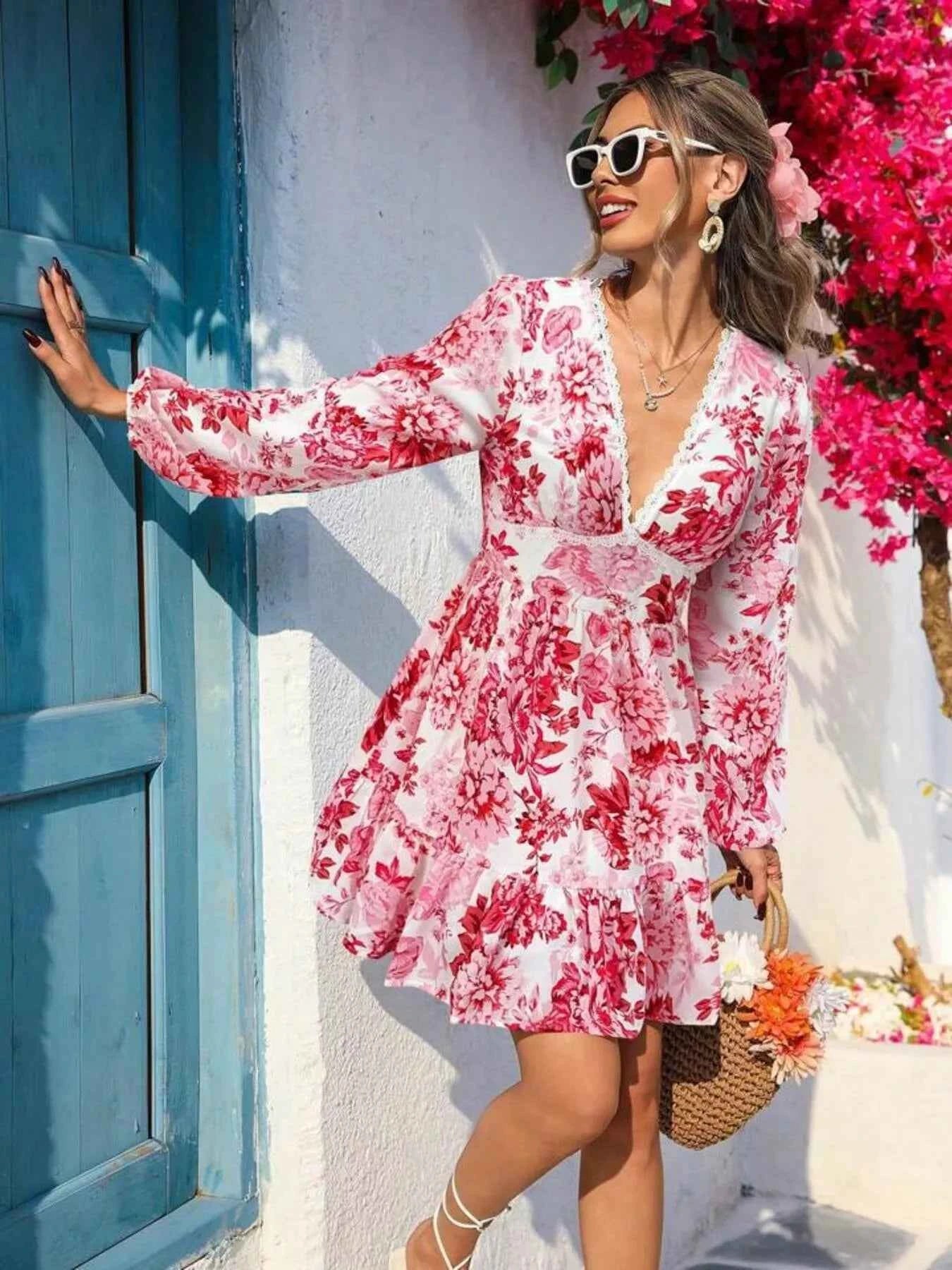 Full Size Floral Print V-Neck Long Sleeve Ruffle Hem Mini Dress Plus Size