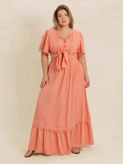 Plus Size Lace Detail Tie Neck Top and Skirt Set