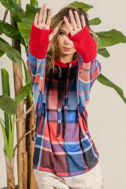 BiBi Plaid Mirr Brushed Rib Contrast Thumb Open Hoodie