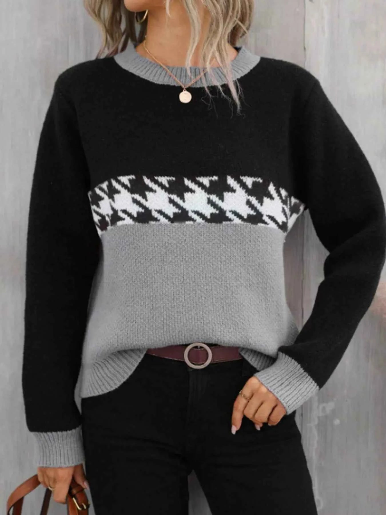 Color Block Houndstooth Sweater