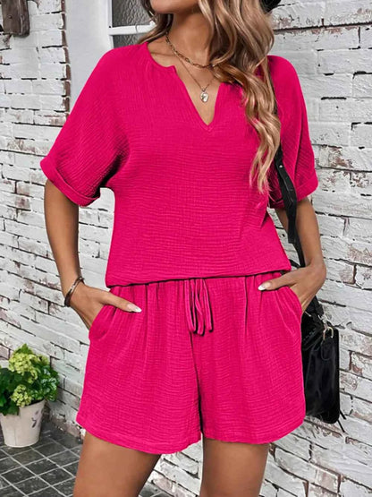 Notched Half Sleeve Top and Shorts Set