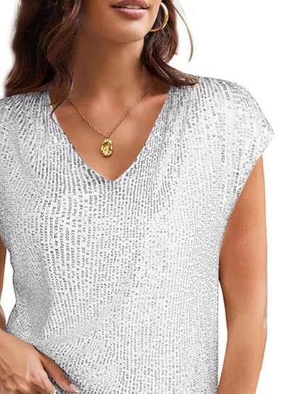 V-Neck Sequin Cap Sleeve Top