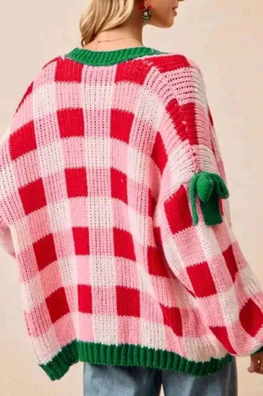 Checkered Bow-Tie Sleeve Knit Christmas Cardigan