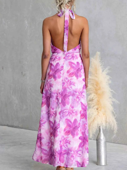 Floral Print Ruffle Halter Neck Maxi Dress