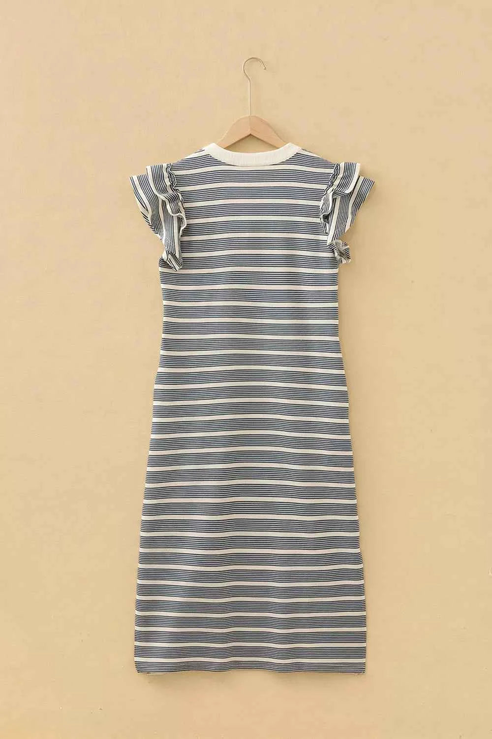 Stripe Ruffled Short Sleeve Contrast Trim Button Notched Neck Midi Dress