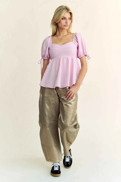 Davi & Dani Solid Elastic Peplum Puffed Sleeves Blouse