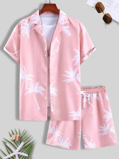 Men's Full Size Palm Print Button Up Shirt and Shorts Set Plus Size