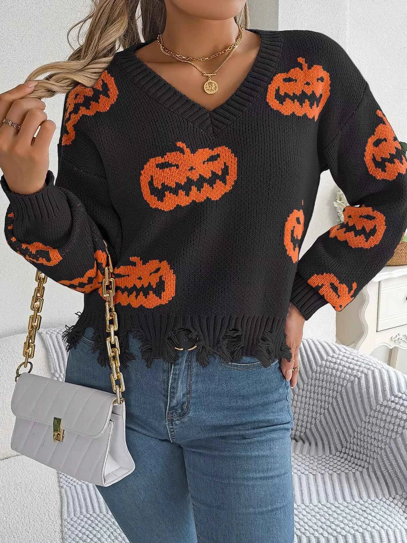 Halloween Pumpkin Pattern Raw Hem V-Neck Sweater
