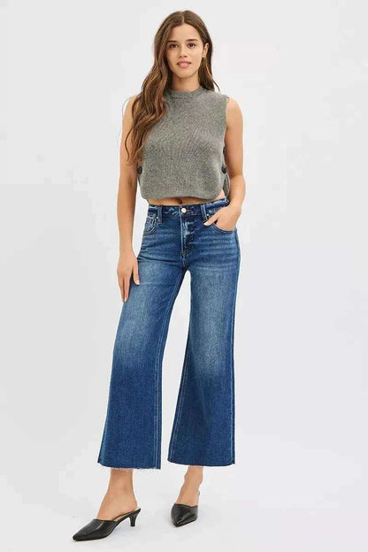 RISEN Full Size Mid Rise Crop Wide Raw Cut Hem Jeans Plus Size