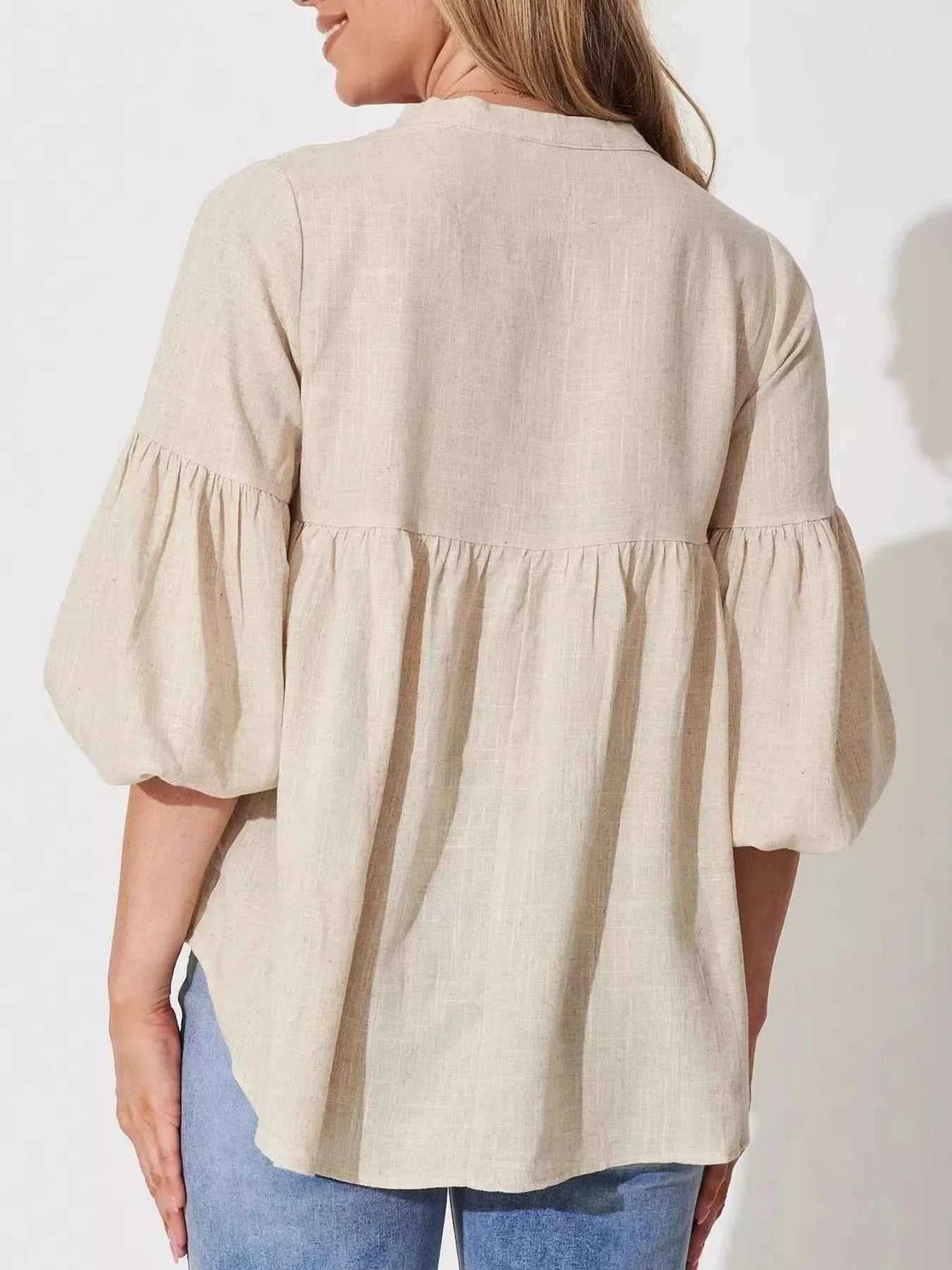 Notched Balloon Sleeve Blouse