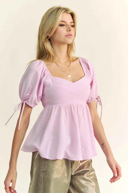 Davi & Dani Solid Elastic Peplum Puffed Sleeves Blouse