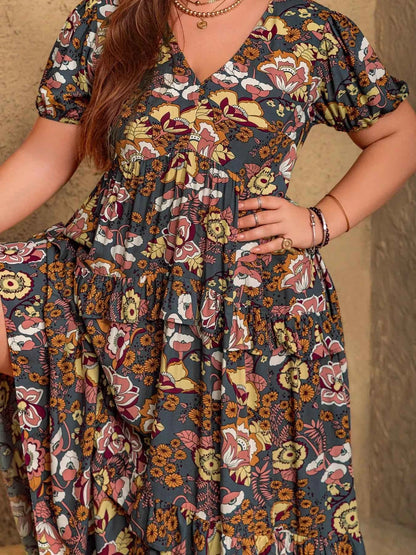 Plus Size V-Neck Short Sleeve Midi Dress
