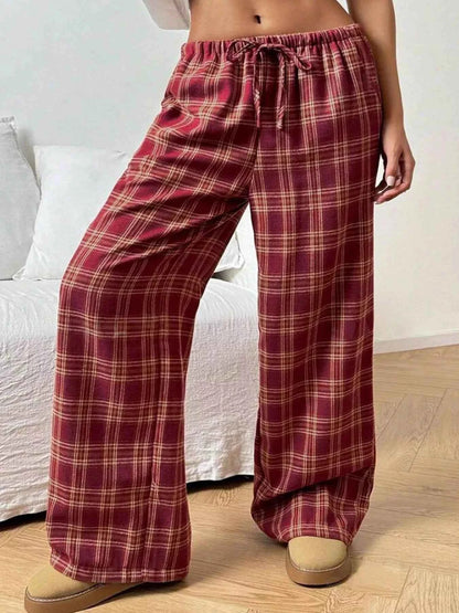 Plaid Drawstring Wide Leg Pants