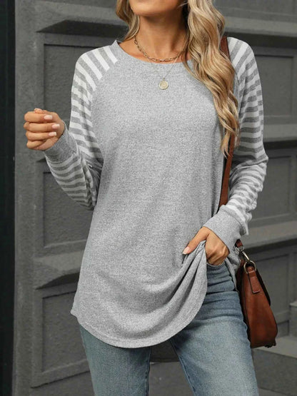 Striped Round Neck Raglan Sleeve T-Shirt