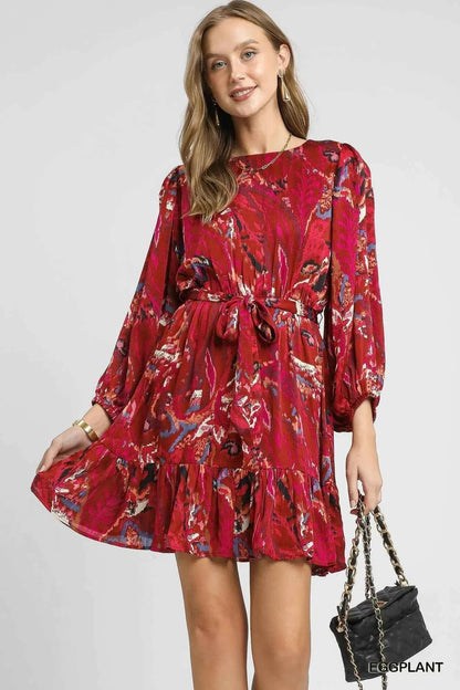 Umgee Ruffled Hem Printed Balloon Sleeve Dress