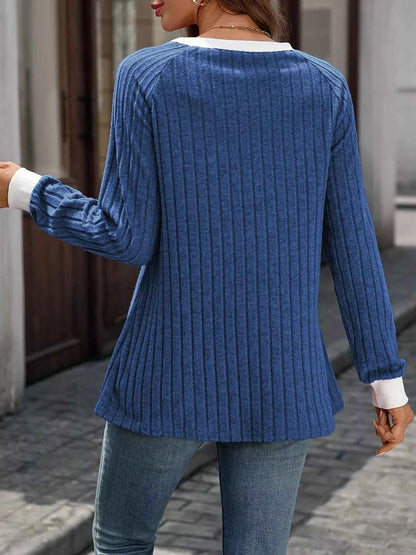 Ribbed Round Neck Raglan Sleeve Knit Top