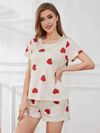 Heart Round Neck Top and Shorts Lounge Set