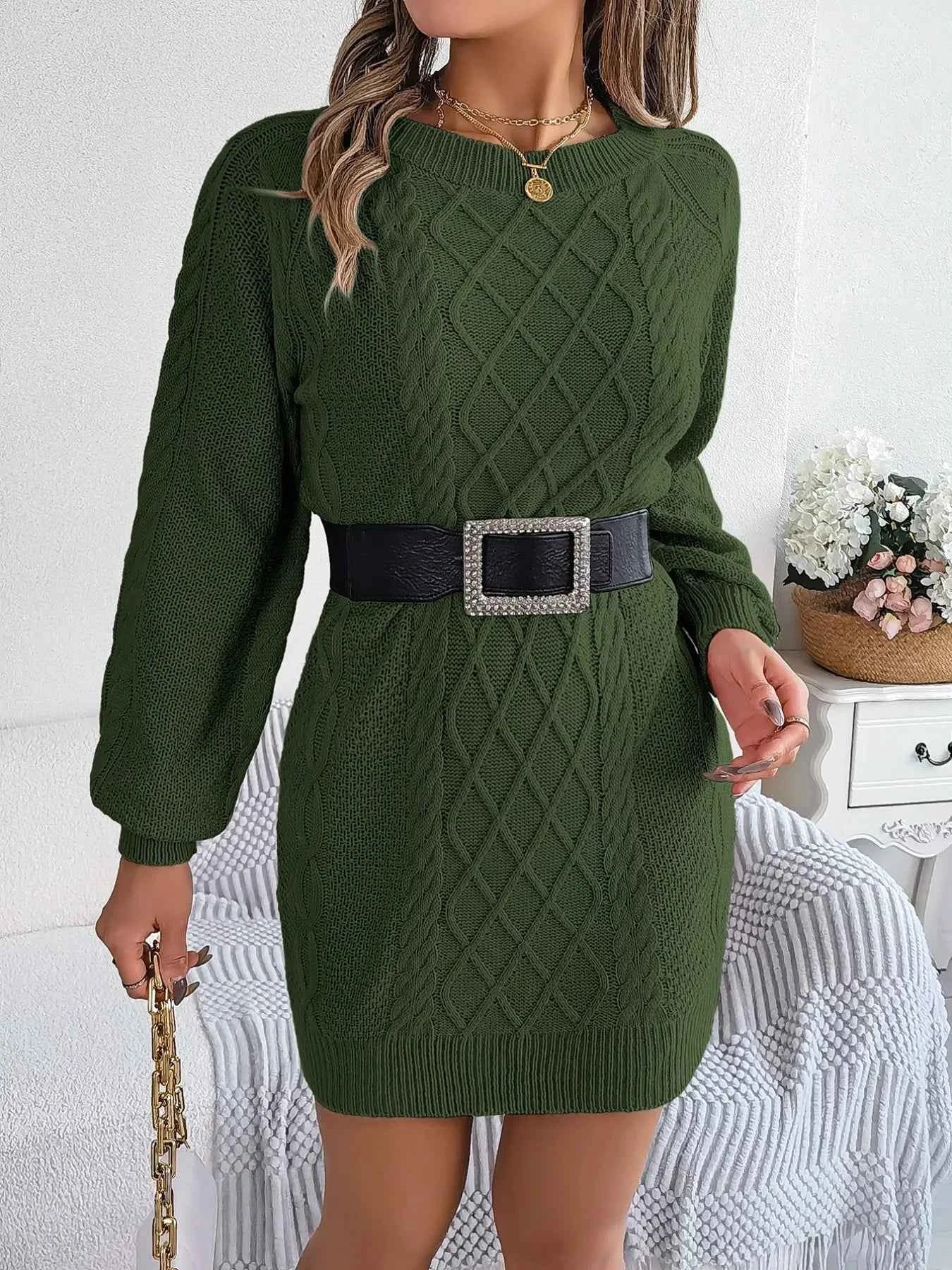 Diamond Cable Knit Sweater Dress with Long Sleeves