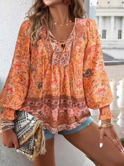 Floral Print Tie Neck Bohemian Blouse