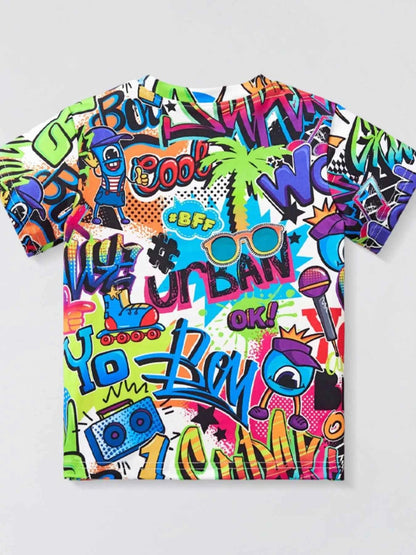 Children's Graffiti Print Crew Neck Short Sleeve T-Shirt