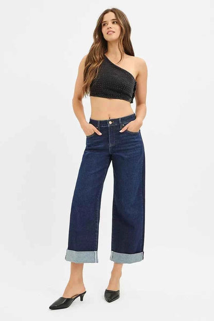 RISEN Mid Rise Fit Ankle Wide Roll Up Jeans
