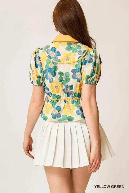 Umgee Floral Print Puff Sleeve Cropped Blouse