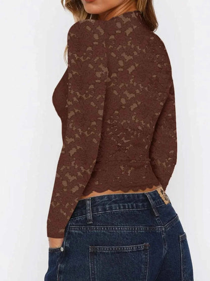 Floral Lace Long Sleeve Deep V-Neck Blouse with Scalloped Hem