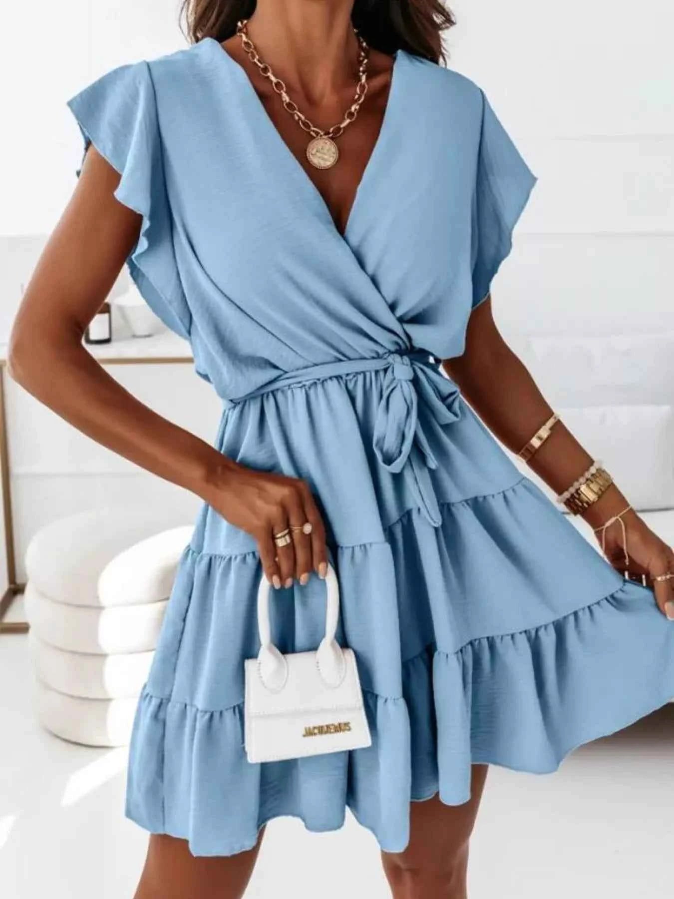 Ruffle Sleeve Tie Waist Tiered Mini Dress