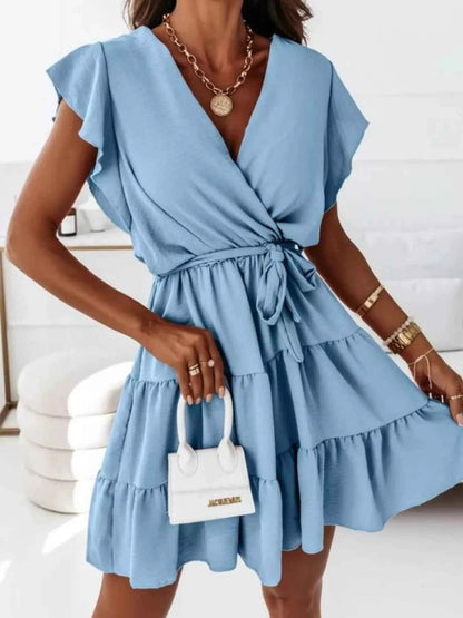 Ruffle Sleeve Tie Waist Tiered Mini Dress