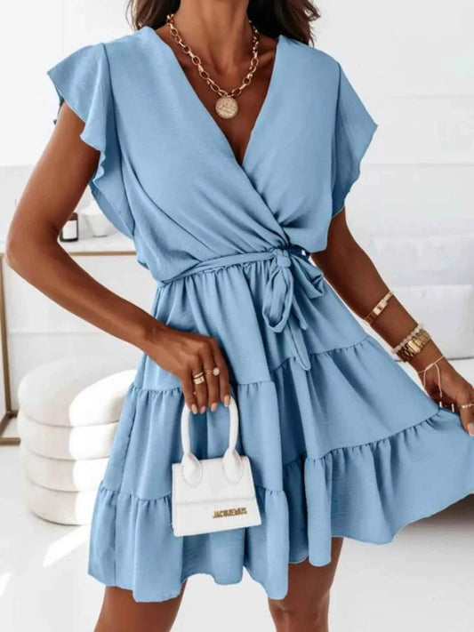 Ruffle Sleeve Tie Waist Tiered Mini Dress