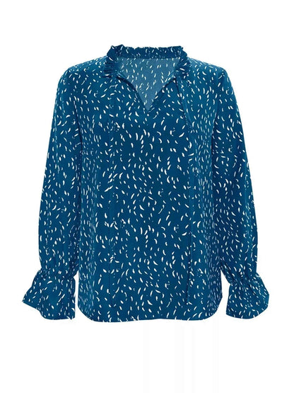 Ruffled Printed Tie Neck Long Sleeve Blouse