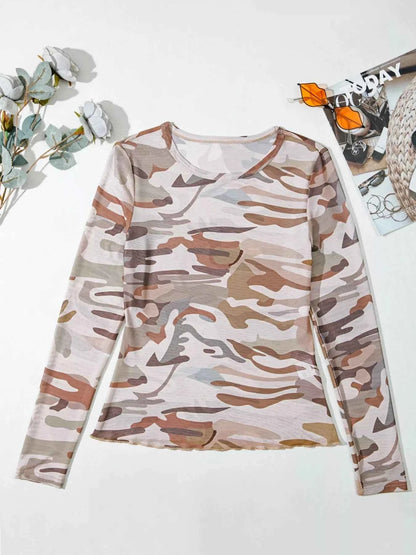 Camouflage Print Mesh Long Sleeve Top