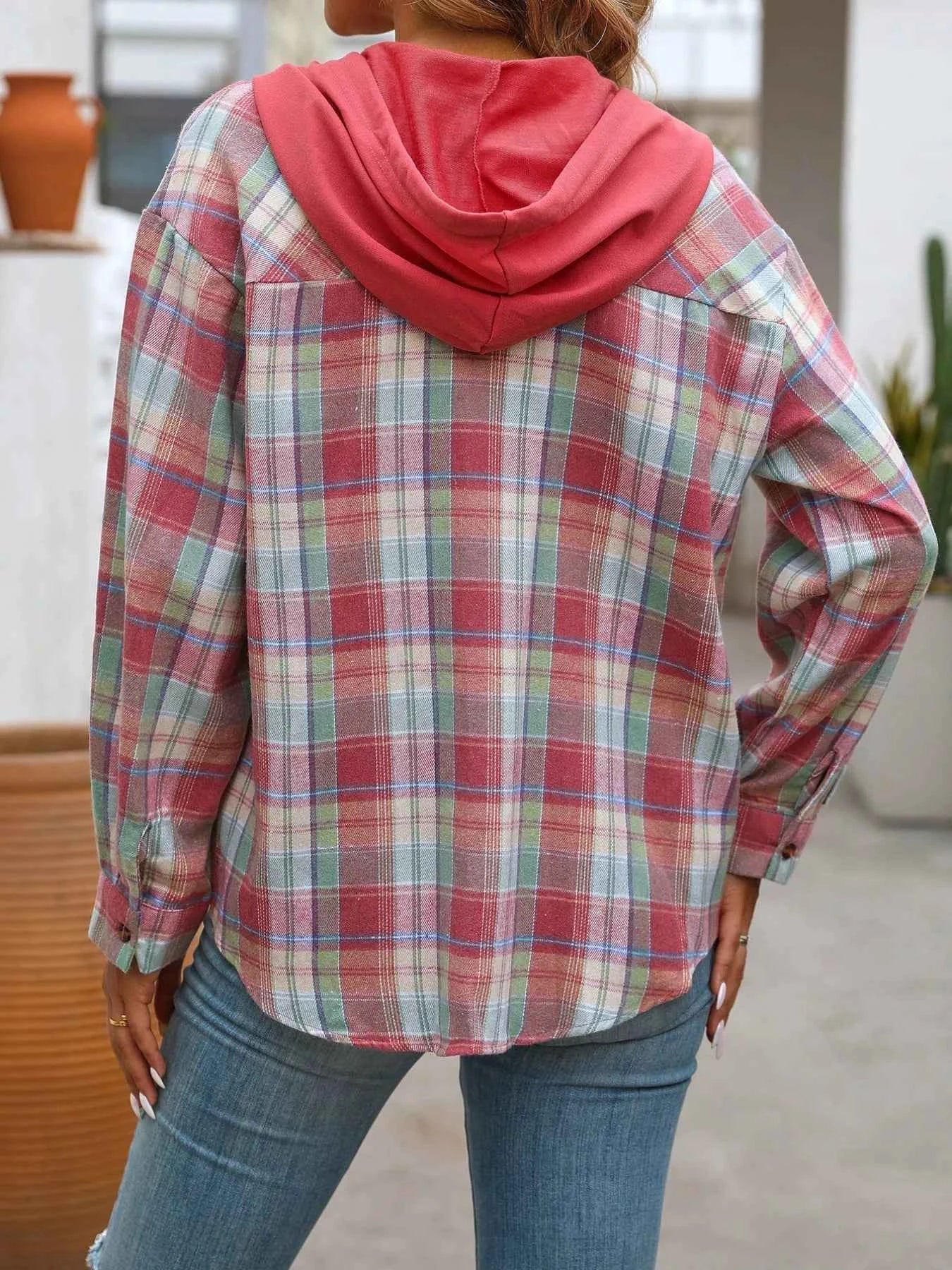 Plaid Button-Up Hooded Shirt with Chest Pocket