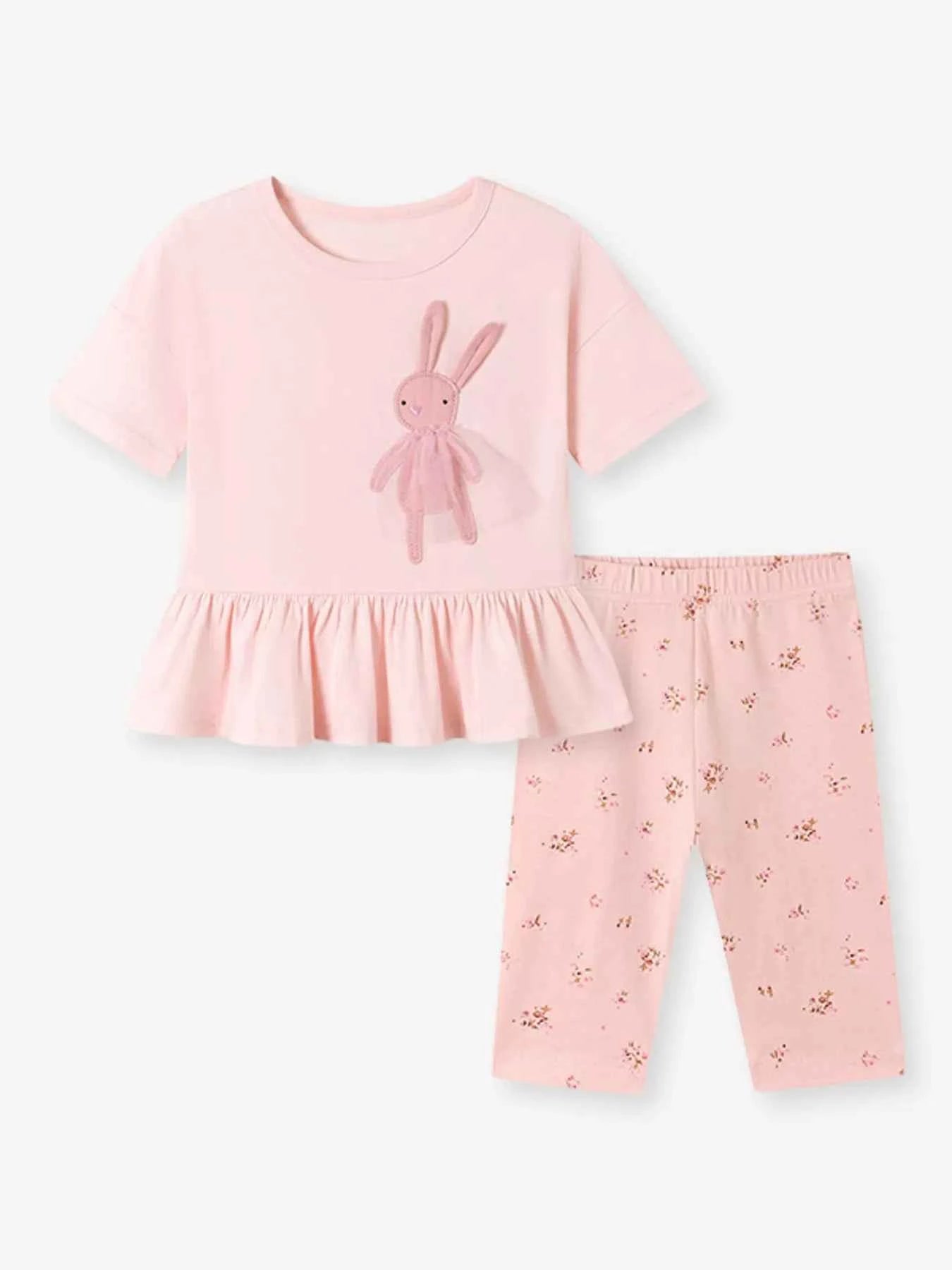 Children's Bunny Applique Peplum Top & Floral Print Leggings Set