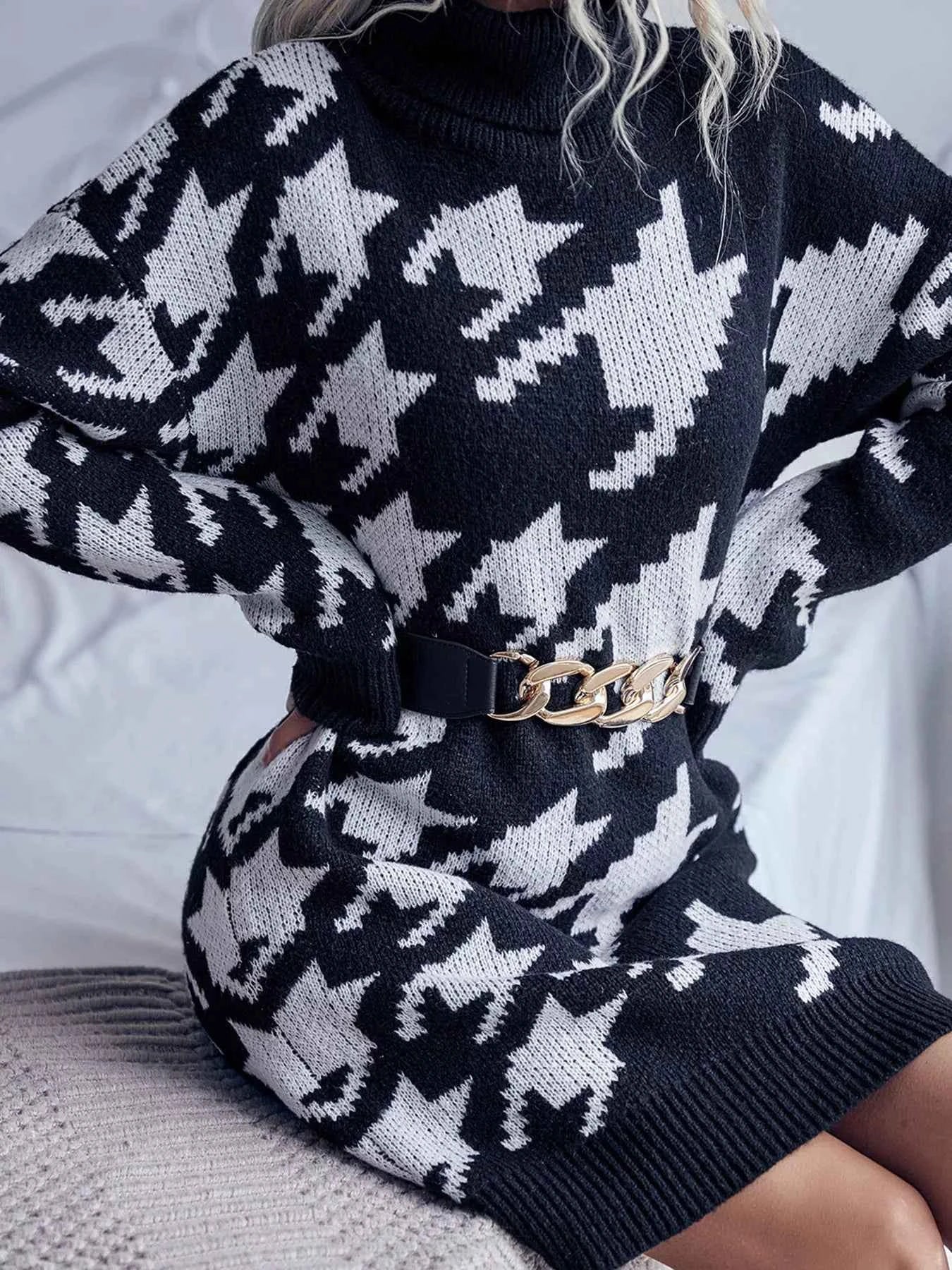 Houndstooth Pattern Turtleneck Sweater Dress