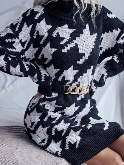 Houndstooth Pattern Turtleneck Sweater Dress