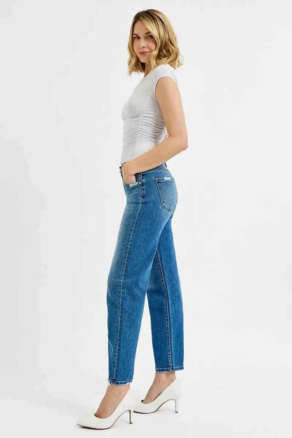 RISEN Tummy Control High Rise Ankle Slim Barrel Jeans