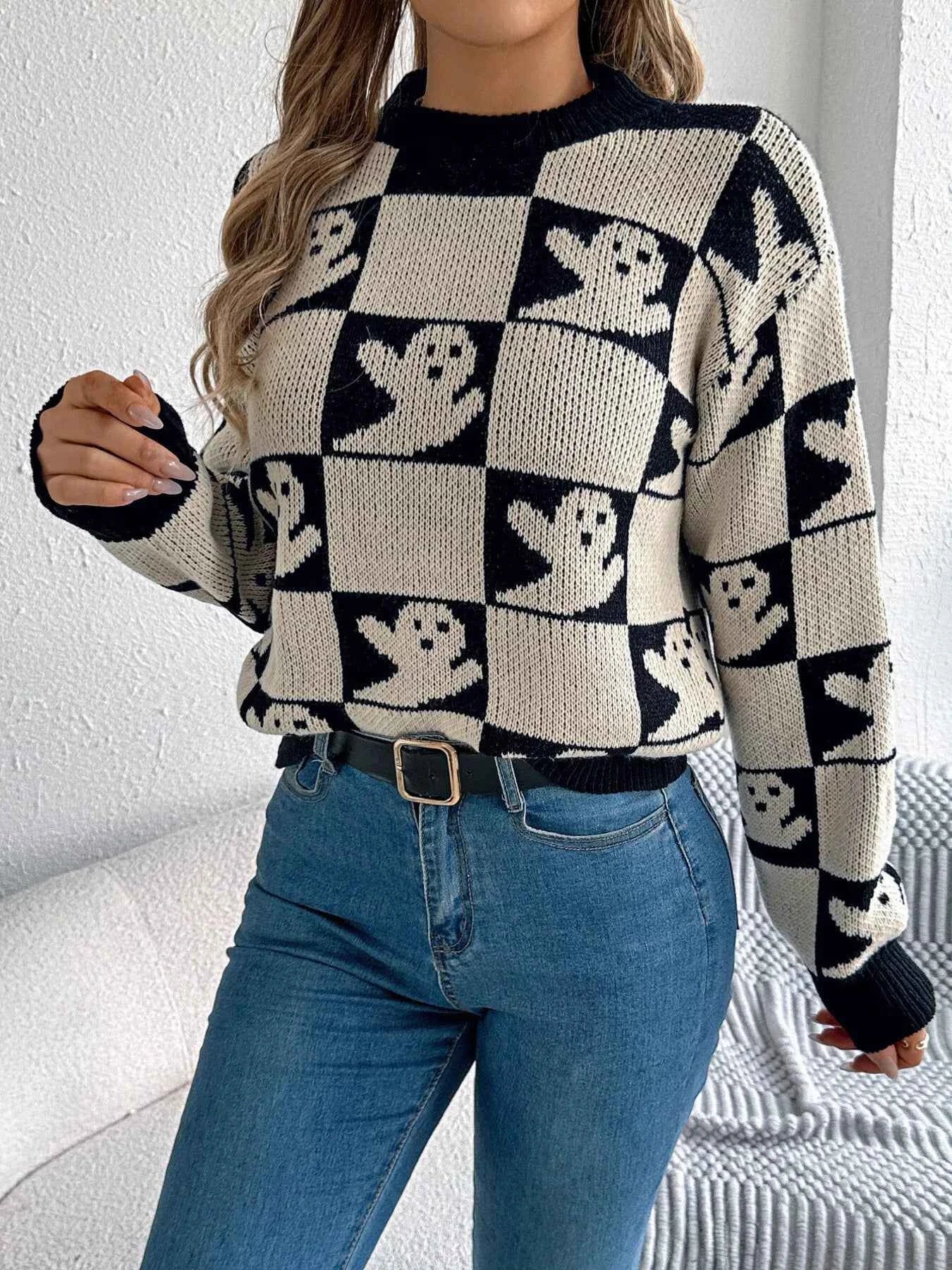 Halloween Ghost Pattern Checkered Round Neck Sweater