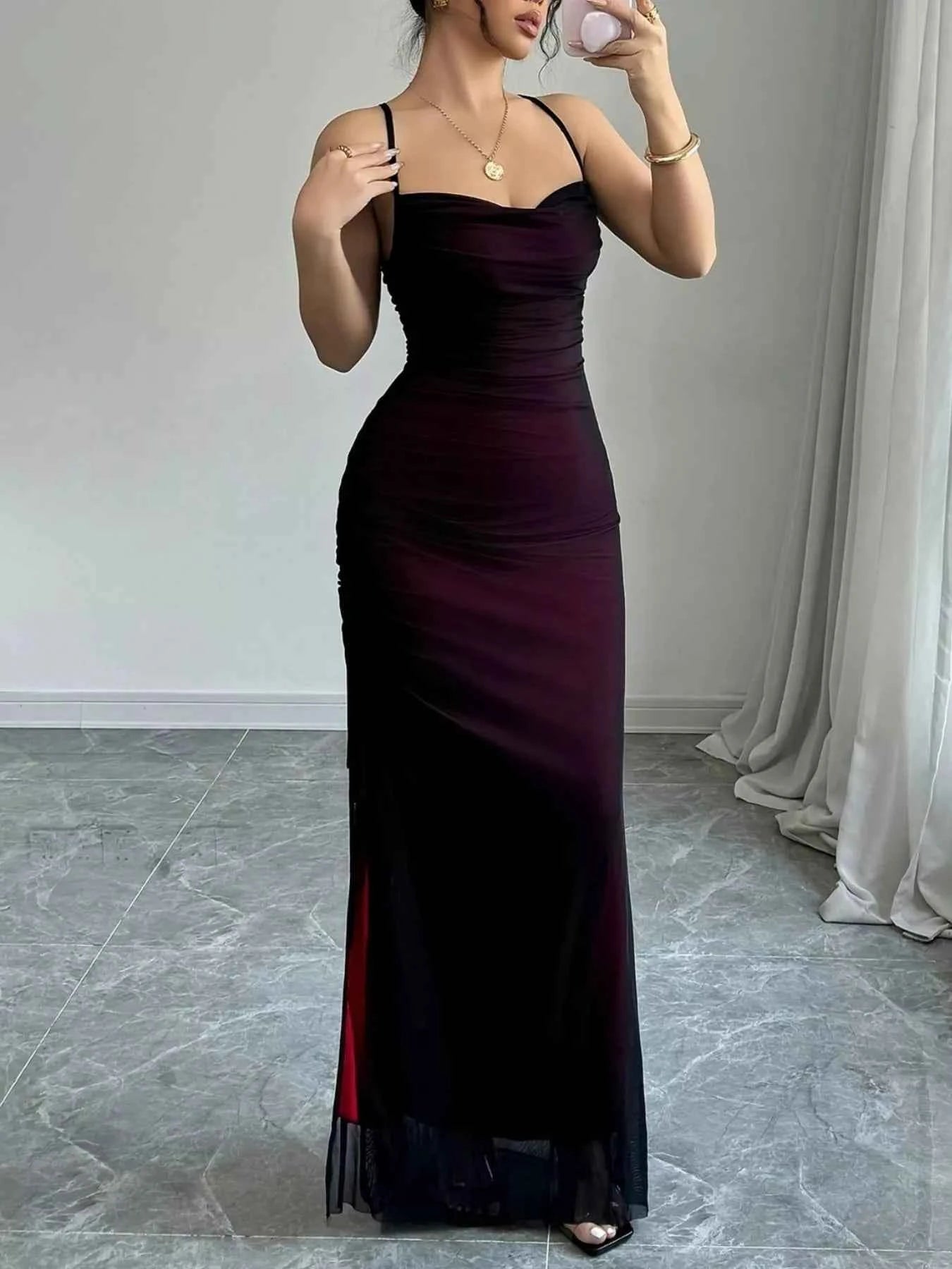 Ruched Sweetheart Neck Slit Maxi Dress