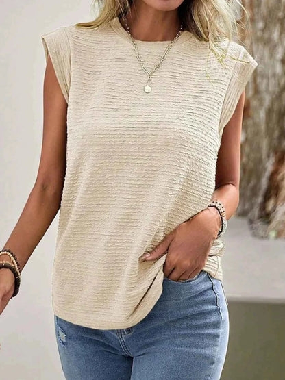 Textured Round Neck Cap Sleeve Top