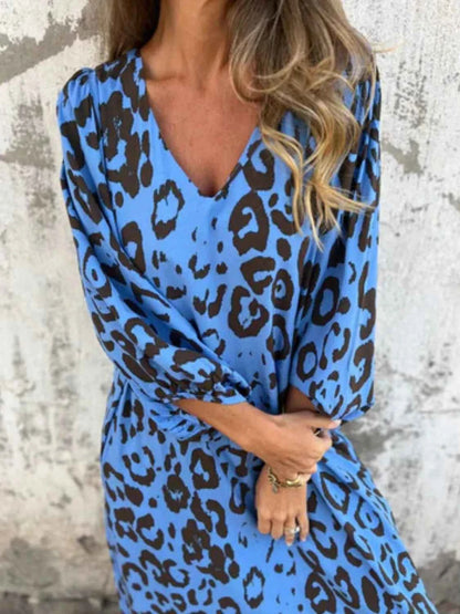 Full Size Printed V-Neck Dress with Pockets Plus Size