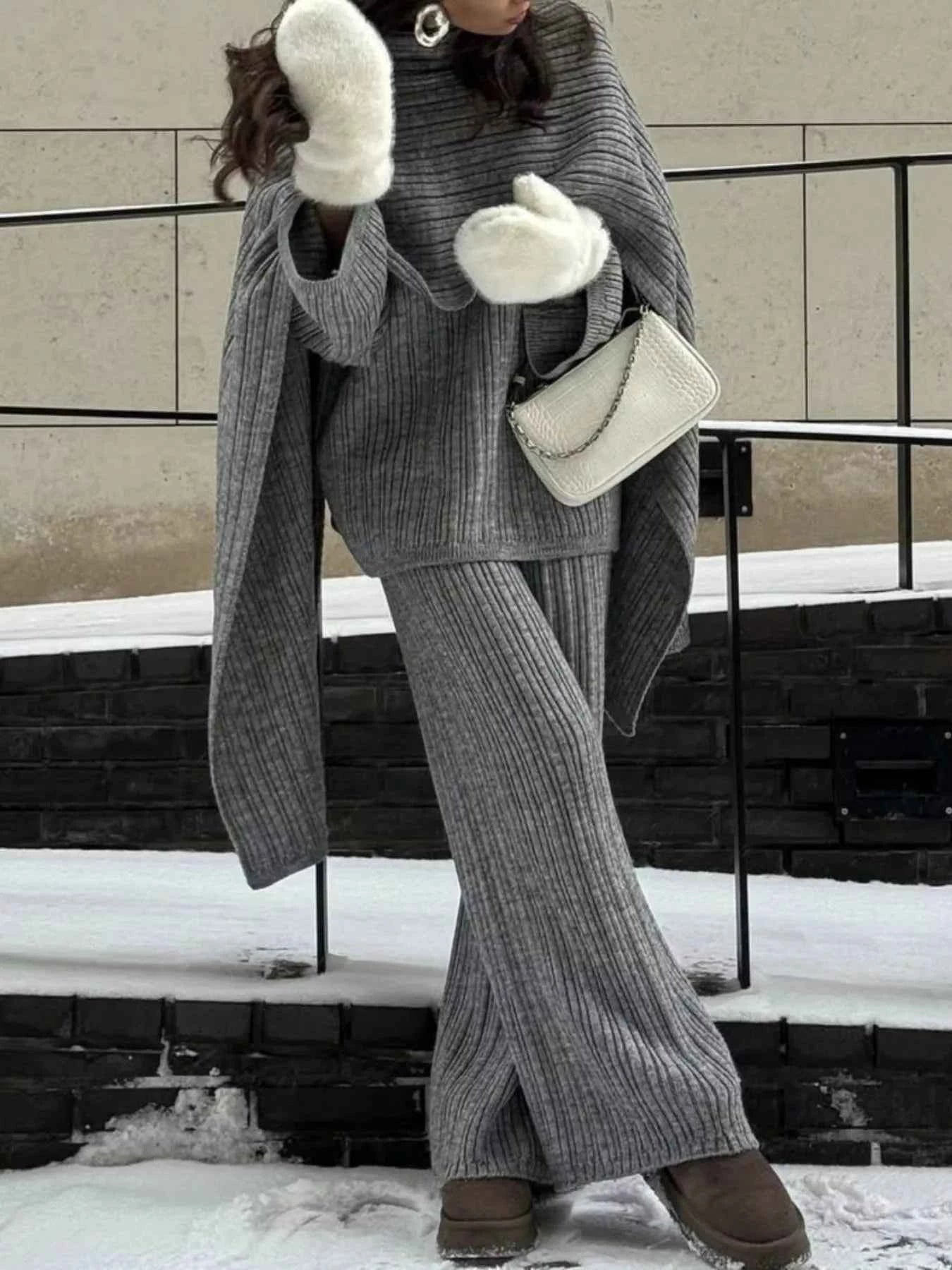 3-Piece Crew Neck Ribbed Sweater and Wide-Leg Pants Set with Scarf