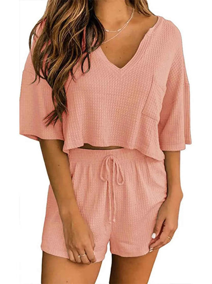 Waffle Knit Top and Shorts Lounge Set