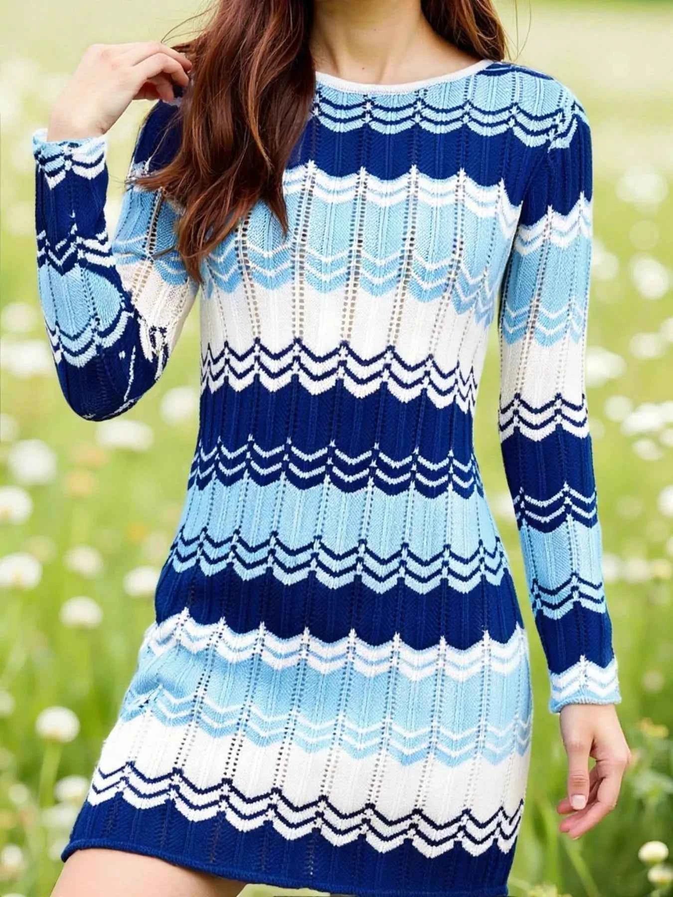 Openwork Wave Pattern Long Sleeve Sweater Dress
