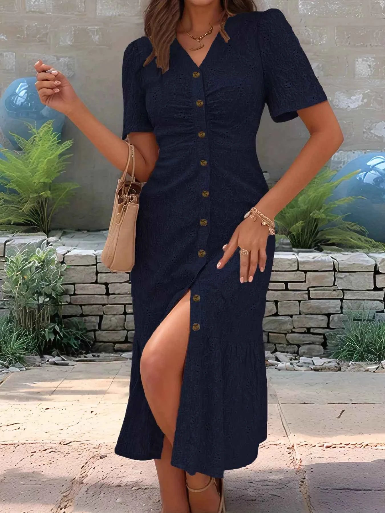 Eyelet Embroidered Button-Down Midi Dress