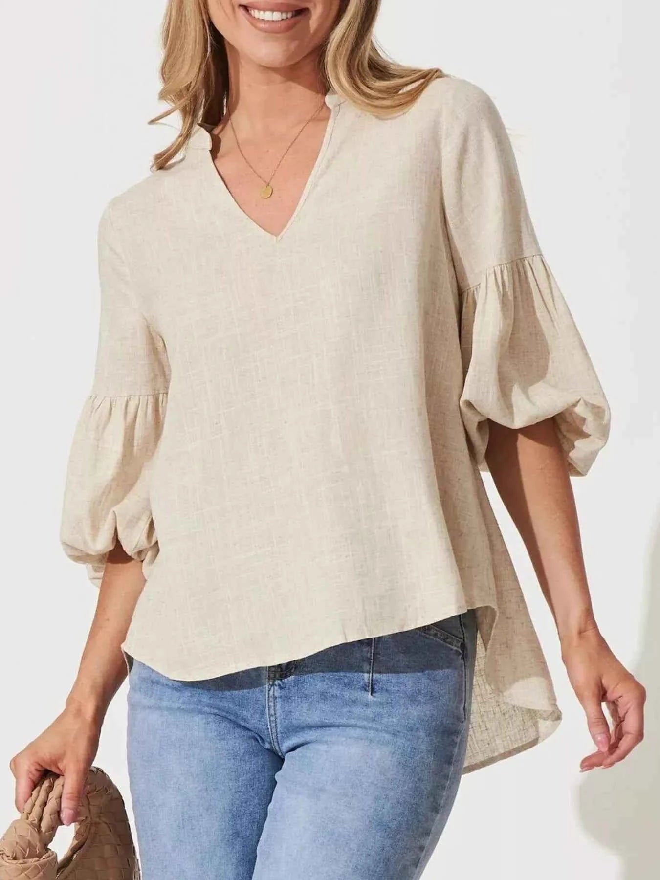 Notched Balloon Sleeve Blouse