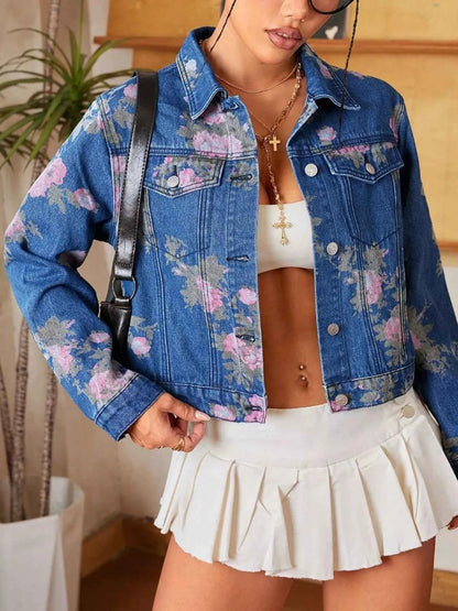 Floral Print Cropped Denim Jacket
