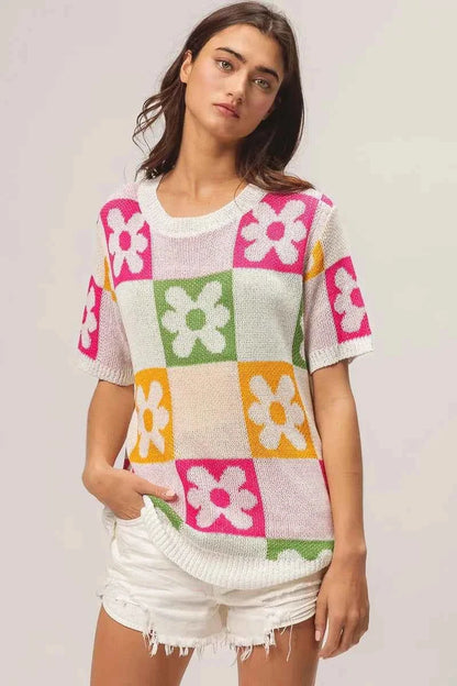 BiBi Flower Checker Pattern Lightweight Sweater Top
